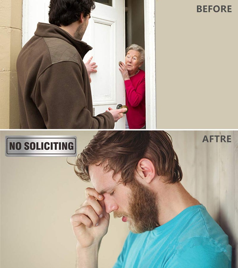 MongFun Self-Adhesive No Soliciting Sign Metal for House Business Office Doors, 2 Pack Silver Color Aluminun 7 x 2 inches, Unique Small Design Durable UV and Weather Resistant, Easy Installation - Image 5